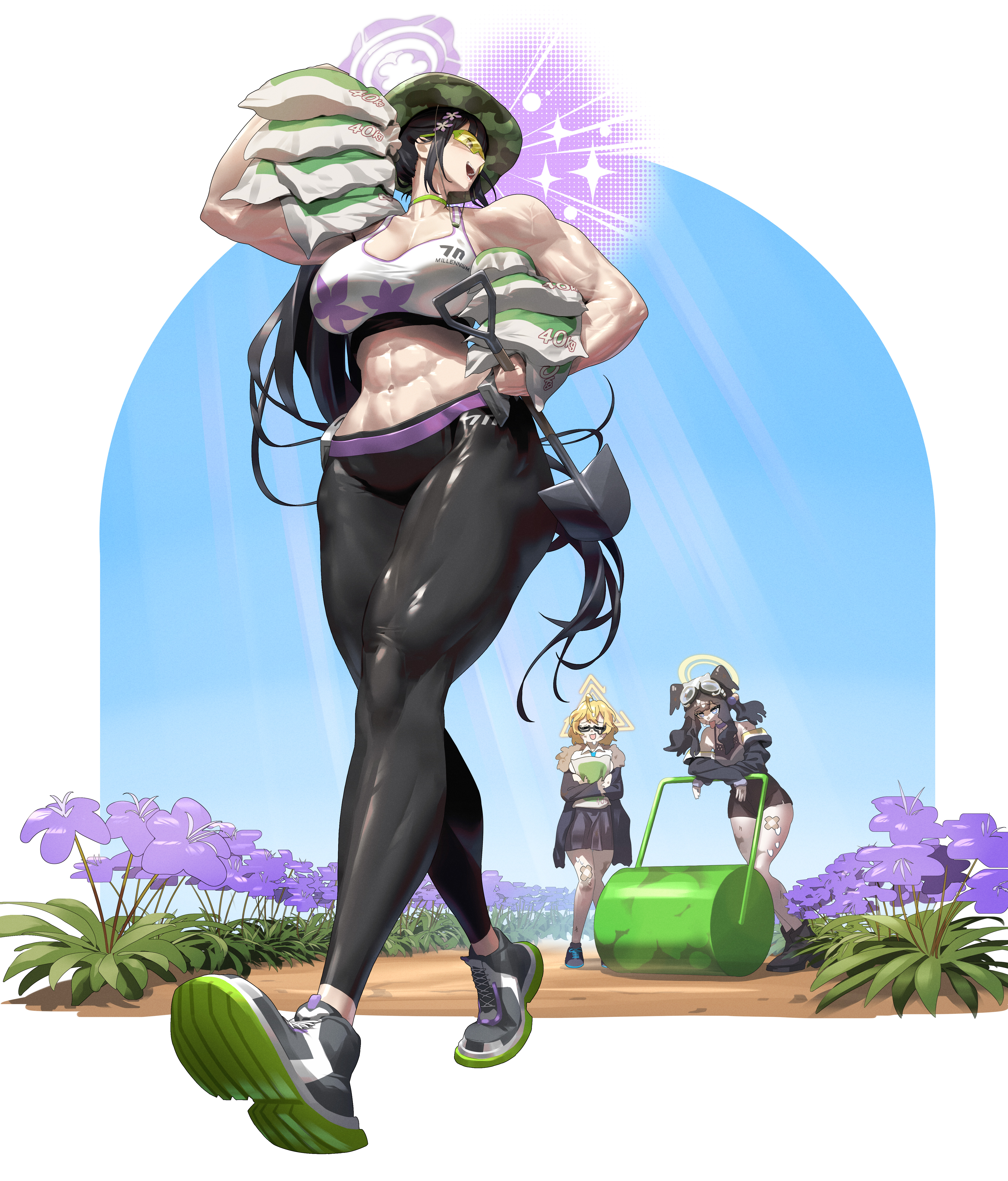 3girls abs absurdres blue_archive border breasts carrying carrying_over_shoulder commentary foreshortening garden gardening halo hibiki_(blue_archive) highres korean_commentary kotori_(blue_archive) large_breasts long_hair multiple_girls muscular muscular_female outside_border perspective ponytail qtime_702 shovel smile solo sportswear strong sumire_(blue_archive) thighs very_long_hair walking white_border