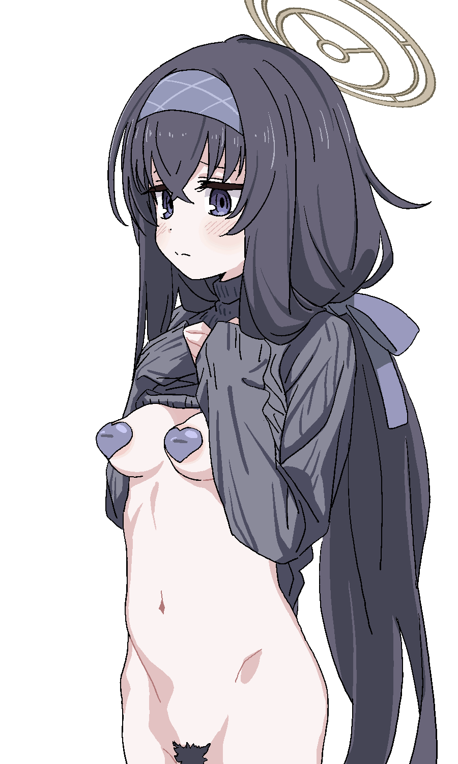 1girl animated animated_gif black_hair black_sweater blue_archive blush breasts brown_halo closed_mouth clothes_lift female_pubic_hair from_side hairband halo heart_pasties highres inverted_nipples lifting_own_clothes long_hair looping_animation medium_breasts navel pasties pointy_breasts pubic_hair purple_eyes purple_hairband removing_pasties simple_background sleeves_past_wrists solo stomach sweater sweater_lift tamaya ui_(blue_archive) very_long_hair white_background