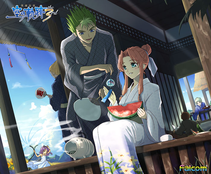 3boys 3girls alan_richard blue_eyes commentary_request eiyuu_densetsu falcom food fruit green_hair hand_fan holding holding_fan japanese_clothes julia_schwarz kevin_graham kimono logo long_hair mueller_vander multiple_boys multiple_girls official_art open_mouth pink_hair purple_hair renne_(eiyuu_densetsu) ries_argent second-party_source short_hair sitting smile sora_no_kiseki spiked_hair watermelon