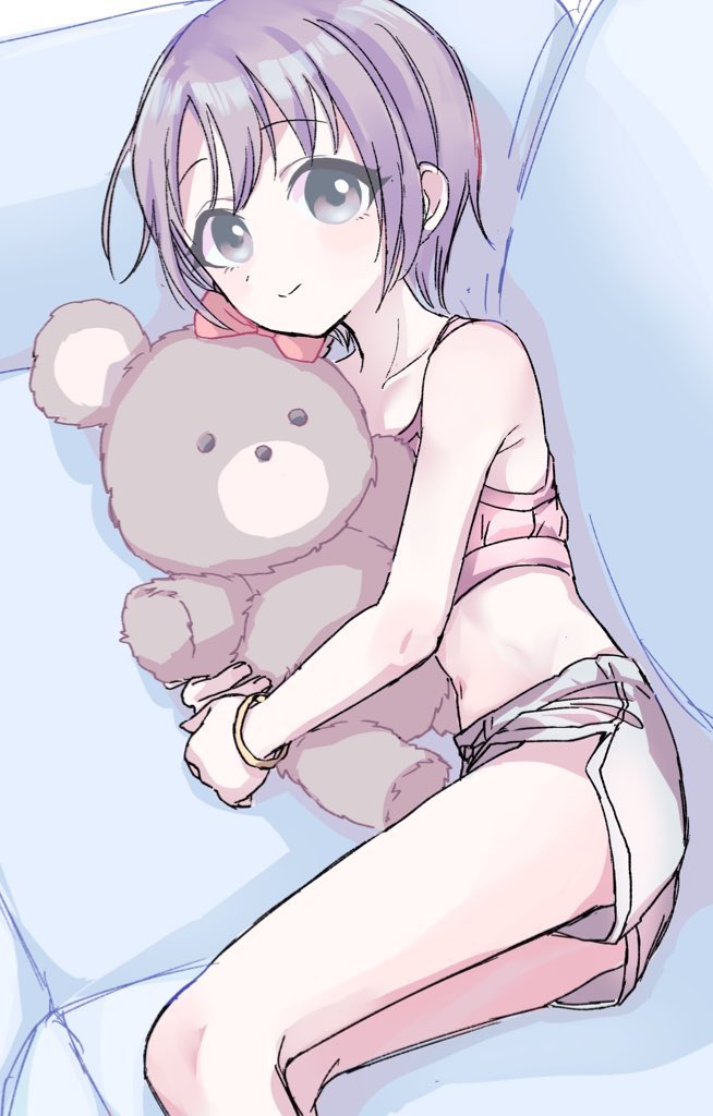 1girl crop_top flat_chest grey_eyes grey_hair idolmaster idolmaster_cinderella_girls kanipoposu looking_at_viewer lying navel on_side otokura_yuuki short_shorts shorts sketch smile solo stuffed_animal stuffed_toy teddy_bear