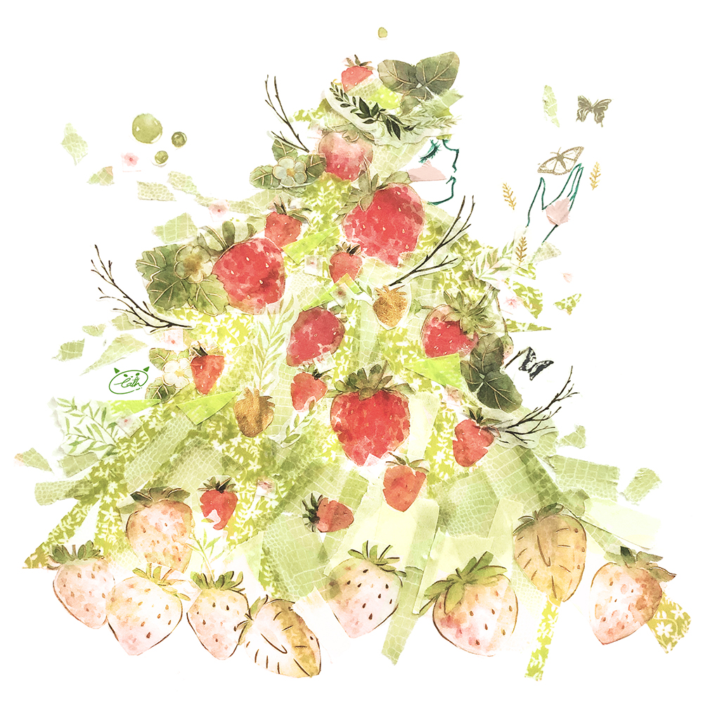 1girl abstract branch bug butterfly cathinthecloud closed_eyes coat commentary english_commentary food food-themed_hair_ornament from_side fruit green_coat green_hair green_hat hair_ornament hand_up hat hat_ornament insect leaf leaf_hat_ornament masking_tape_(medium) mixed_media original parted_lips plant profile signature solo strawberry strawberry_hair_ornament strawberry_hat_ornament traditional_media unconventional_media white_background