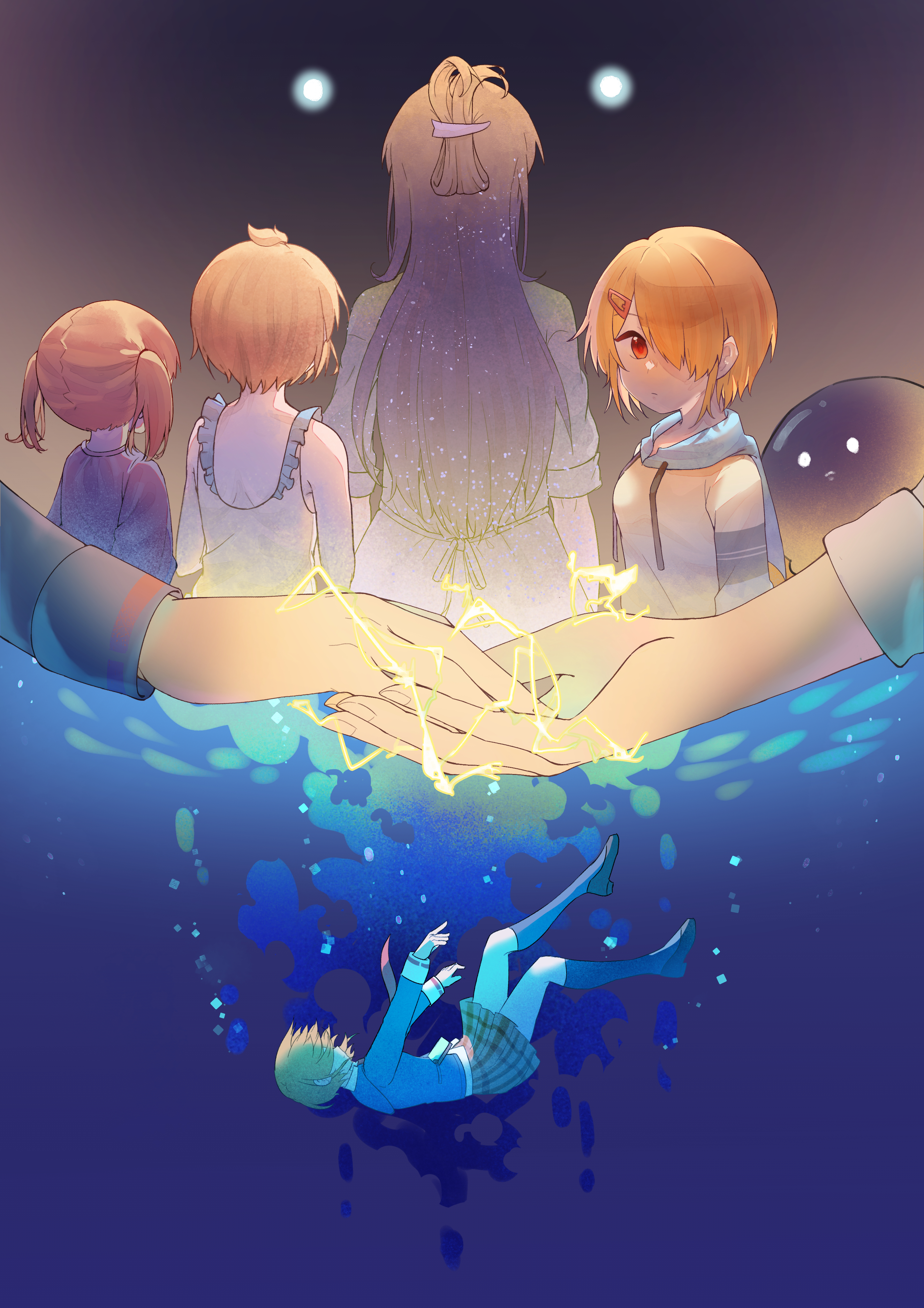 3girls absurdres age_progression asphyxiation blonde_hair drowning hair_over_one_eye heaven_burns_red highres in_water jacket kayamori_hina kayamori_ruka multiple_girls narvy_(heaven_burns_red) ocean short_hair spoilers underwater utsuru515