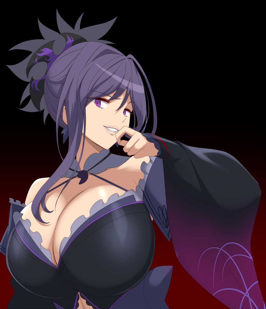 1girl bare_shoulders black_kimono breasts cutout_above_navel dark_persona fate/grand_order fate_(series) frilled_kimono frills gradient_background hair_ornament highres huge_breasts japanese_clothes jewelry kimono kloah magatama magatama_necklace miyamoto_musashi_(fate) miyamoto_musashi_(third_ascension)_(fate) necklace ponytail purple_eyes purple_hair red_background short_ponytail solo upper_body