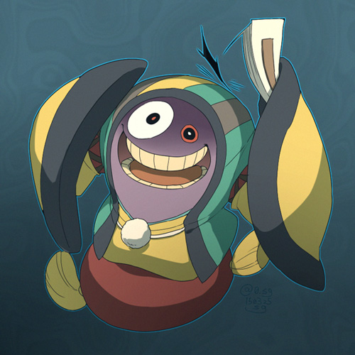 10s :d artist_name dated full_body gradient_background hand_fan harisen looking_at_viewer lowres no_humans open_mouth oshisshou sg_(suuchan) smile solo traditional_youkai twitter_username youkai_watch