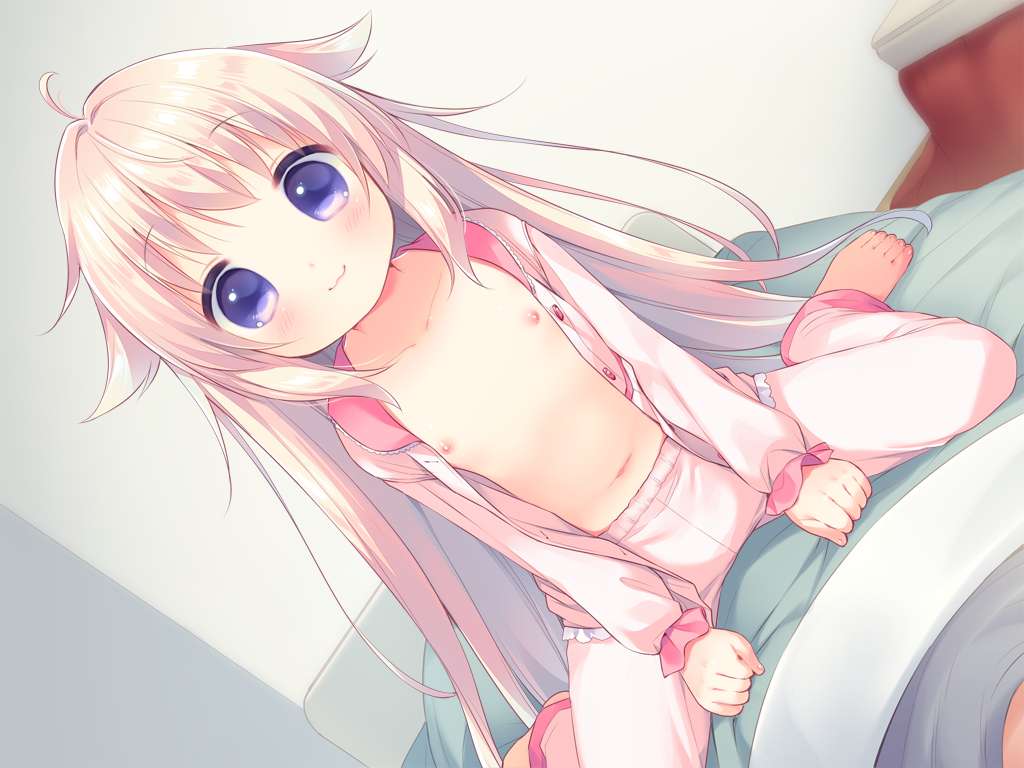 1boy 1girl :3 ahoge barefoot blue_eyes blush buttons closed_mouth collarbone collared_shirt dutch_angle flat_chest full_body game_cg indoors large_variant_set loli long_hair long_sleeves looking_at_viewer navel nipples non-web_source open_clothes open_shirt pajamas pants pink_hair pink_pajamas pink_pants pink_shirt shirt sitting sitting_on_person smile solo_focus suzuka_(yubikiri_konyaku_roriita) usashiro_mani variant_set wariza yubikiri_konyaku_roriita