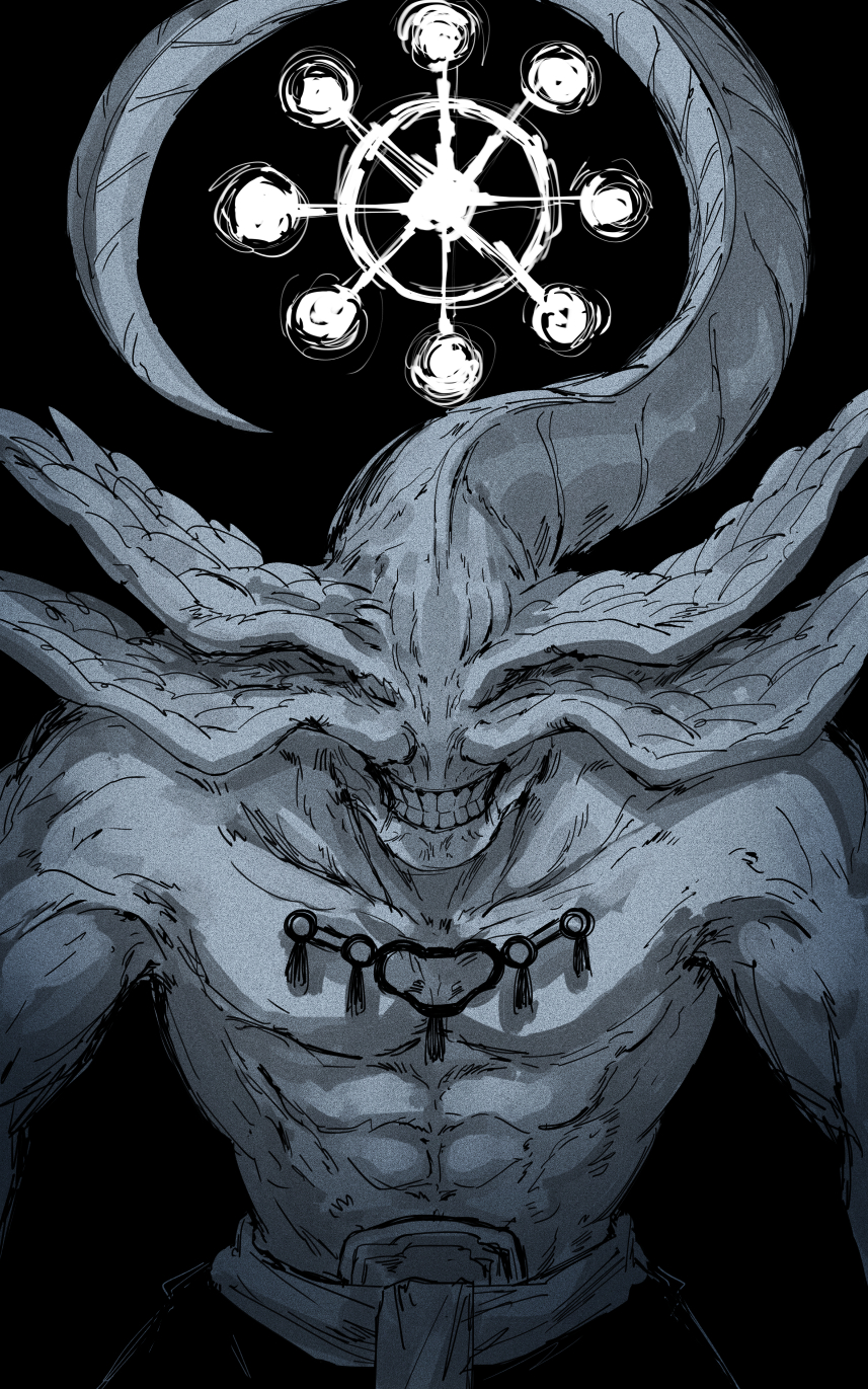 1other abs bare_arms bare_pectorals bare_shoulders black_background black_pants collarbone eight-handed_wheel feathered_wings grin halo highres jujutsu_kaisen kankan33333 mahoraga_(jujutsu_kaisen) monster muscular muscular_other pants pectorals sash shikigami simple_background smile solo upper_body wheel wheel_of_dharma white_sash white_tail white_wings wings