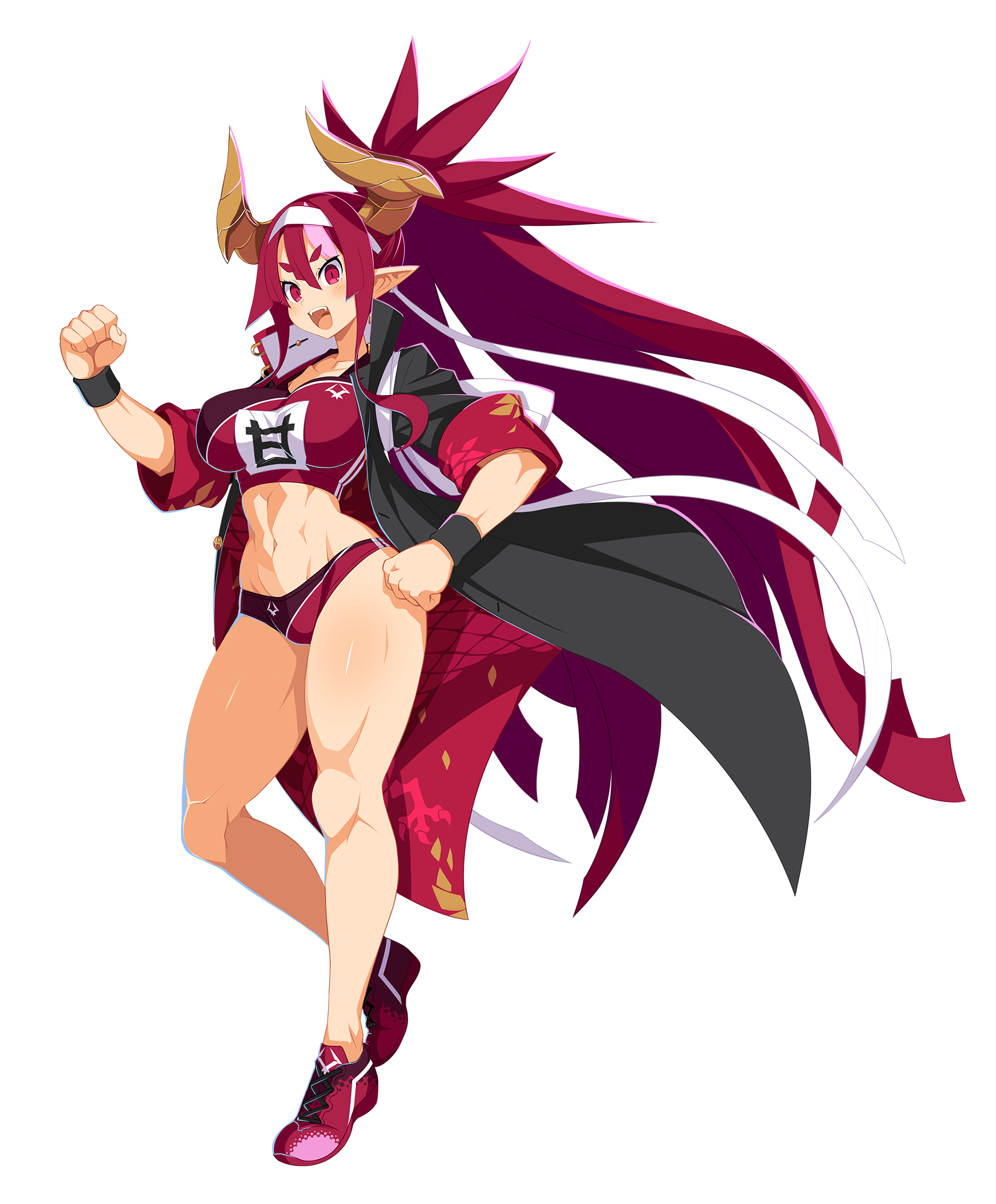 1girl breasts clenched_hand coat demon_girl demon_horns disgaea disgaea_rpg dragon_print fang full_body harada_takehito headband higan_zesshousai highres horns large_breasts long_hair makai_senki_disgaea_7 multicolored_hair muscular muscular_female navel non-web_source open_clothes open_coat photoshop_(medium) pink_hair pointy_ears ponytail red_eyes red_hair shoes slit_pupils sneakers solo teeth track_suit transparent_background two-tone_hair upper_teeth_only very_long_hair wristband
