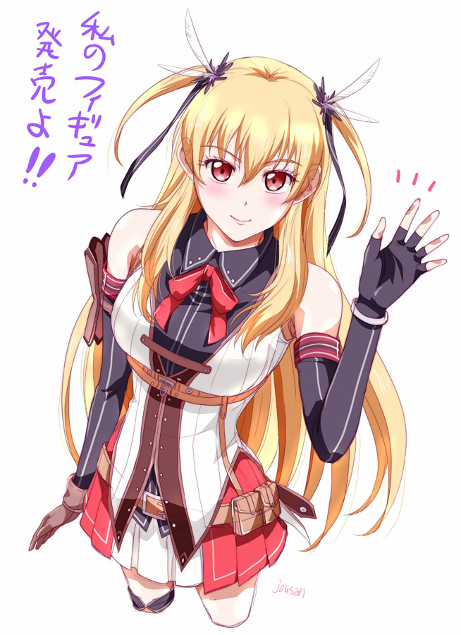 1girl alisa_reinford black_gloves blonde_hair detached_sleeves double-parted_bangs eiyuu_densetsu fingerless_gloves gloves hair_between_eyes long_hair looking_at_viewer red_eyes sen_no_kiseki sen_no_kiseki_(series) sen_no_kiseki_ii short_twintails sidelocks simple_background skirt smile solo thighhighs twintails upper_body waving white_background xiacheng_tatsuya