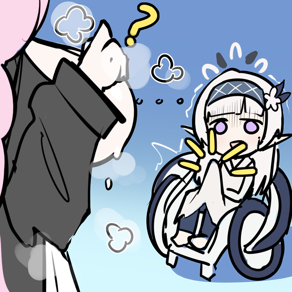 ... 1futa 1girl ? black_hairband blue_archive breasts bulge eimi_(blue_archive) erection erection_under_clothes futanari hairband halo hand_up himari_(blue_archive) huge_breasts long_hair long_sleeves looking_at_another looking_at_breasts pink_hair pointy_ears powered_wheelchair purple_eyes sirachi sitting trembling wheelchair white_hair