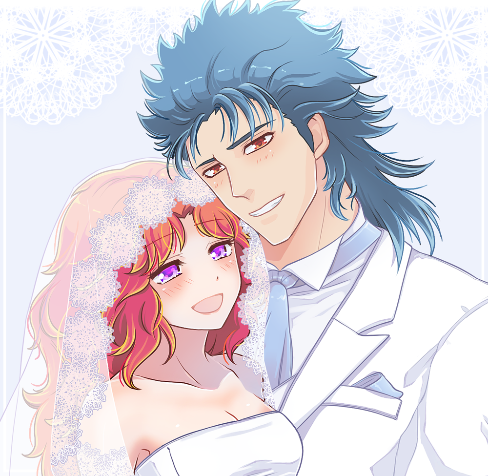 1boy 1girl alternate_universe bad_id bad_pixiv_id blue_hair breasts bridal_veil brown_eyes cleavage dress grin hetero hokuto_no_ken mamiya_(hokuto_no_ken) mayuzumi medium_breasts open_mouth purple_eyes red_hair rei_(hokuto_no_ken) smile strapless strapless_dress tuxedo veil wedding_dress
