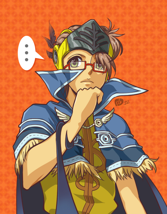 ... 1boy alternate_color blue_capelet brown_hair capelet closed_mouth cokeboy commentary english_commentary expressionless fur-trimmed_capelet fur_trim glasses green_eyes helmet high_collar high_wizard_(ragnarok_online) looking_at_viewer male_focus orange_background ragnarok_online red-framed_eyewear semi-rimless_eyewear shirt short_hair solo under-rim_eyewear upper_body yellow_shirt