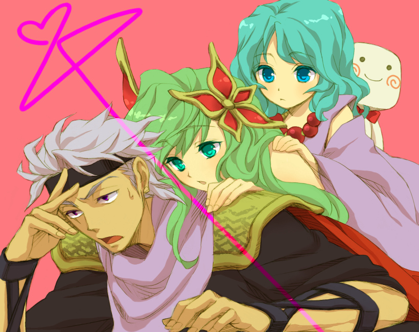 1990s_(style) 1boy 2girls blue_eyes blue_hair cape cuore edward_geraldine final_fantasy final_fantasy_iv final_fantasy_iv:_the_after_years green_hair grey_hair hair_ornament headband hisohisou jewelry long_hair multiple_girls necklace purple_eyes rydia_(ff4) shoulder_pads whyt