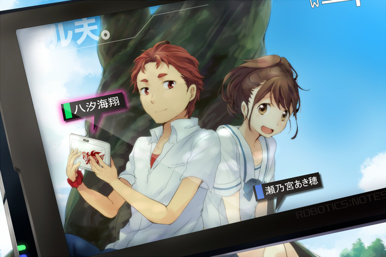 10s 1boy 1girl :d against_tree augmented_reality bow bowtie brown_eyes brown_hair character_name open_mouth red_eyes red_hair robotics;notes school_uniform senomiya_akiho serafuku short_hair smile tablet_pc takana_(nanao) tree watch wristwatch yashio_kaito