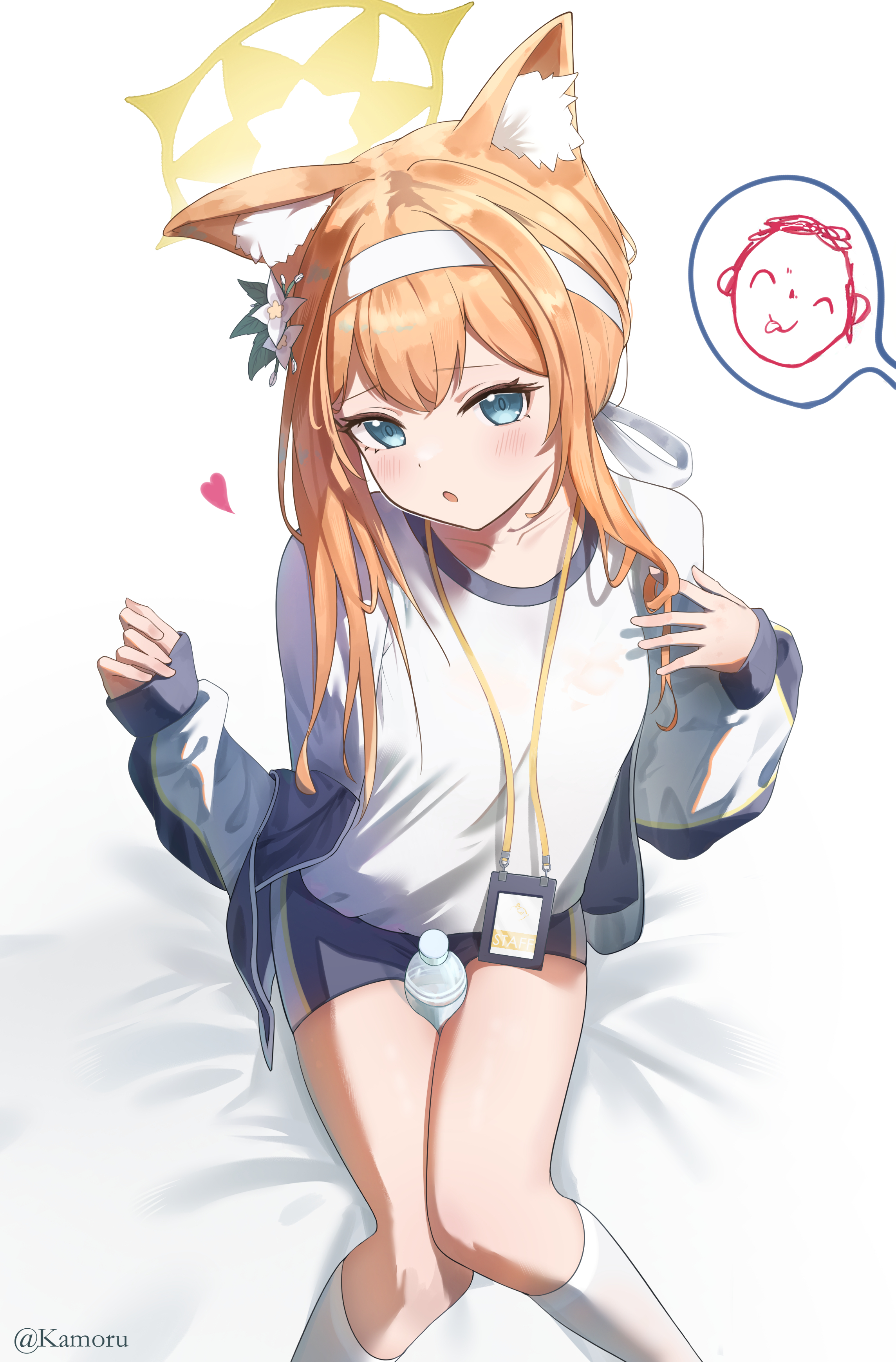 1girl absurdres artist_name between_legs black_jacket black_shorts blue_archive blue_eyes bottle commentary_request doodle_sensei_(blue_archive) halo headband highres jacket kamory lanyard long_hair looking_at_viewer mari_(blue_archive) mari_(track)_(blue_archive) orange_hair plastic_bottle sensei_(blue_archive) shirt short_shorts shorts simple_background sitting sleeves_past_wrists socks spoken_character thighs water_bottle white_background white_headband white_shirt white_socks yellow_halo