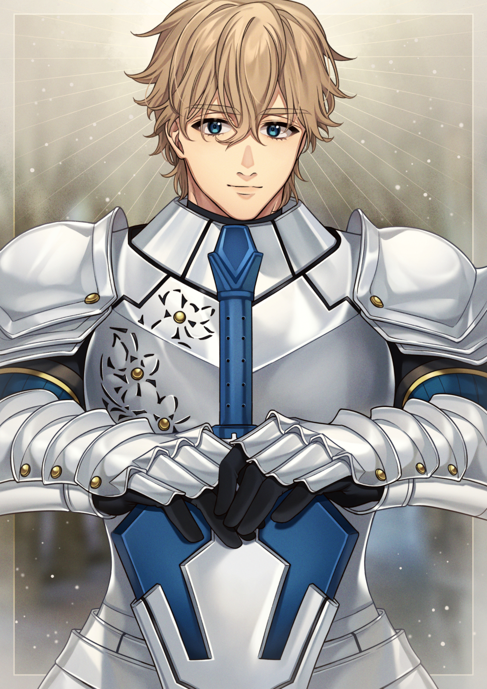 1boy armor black_gloves blue_eyes breastplate brown_hair closed_mouth excalibur_galatine_(fate) fate/extra fate_(series) gauntlets gawain_(fate) gloves hair_between_eyes hands_on_hilt highres karokuchitose looking_at_viewer male_focus own_hands_together pauldrons shoulder_armor solo sword thick_eyebrows upper_body weapon