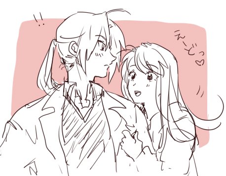! !! 1boy 1girl :d blush commentary edward_elric fullmetal_alchemist happy heart height_difference hetero long_hair looking_at_another lowres monochrome open_mouth pink_background ponytail riru simple_background smile translated winry_rockbell