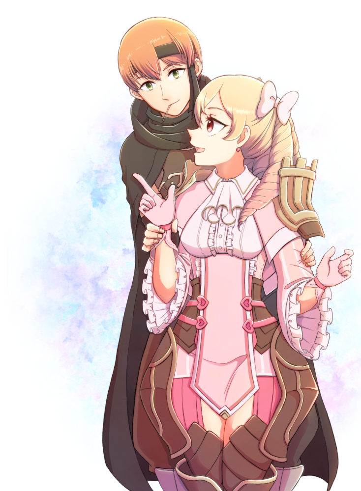 1boy 1girl blonde_hair bow candy couple drill_hair fire_emblem fire_emblem_awakening food gaius_(fire_emblem) gloves gogatsu_(yeaholiday) green_eyes headband hetero jewelry lollipop long_hair looking_at_viewer maribelle_(fire_emblem) nintendo open_mouth orange_hair pink_gloves red_eyes white_bow
