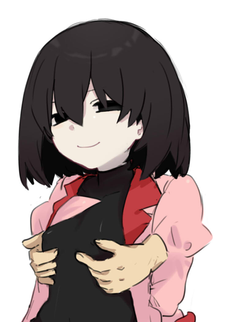 1girl black_eyes black_hair black_undershirt bob_cut breasts closed_mouth covered_erect_nipples empty_eyes grabbing_from_behind hair_between_eyes jacket lapels long_sleeves looking_at_viewer molestation monogatari_(series) naoetsu_high_school_uniform narrowed_eyes notched_lapels oshino_ougi pale_skin pink_jacket red_trim school_uniform shirt short_hair simple_background small_breasts smile tsugumi_(tgm_615486) upper_body very_long_sleeves white_background