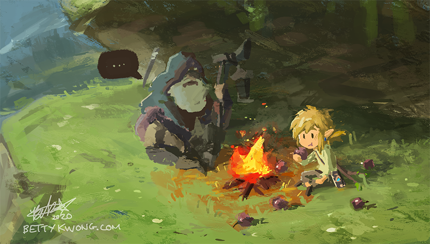 ... 2boys apple beard bettykwong blonde_hair campfire cane cave cliff commentary eating facial_hair food fruit grass hood link male_focus multiple_boys nintendo old_man_(zelda) pointy_ears ponytail sitting the_legend_of_zelda the_legend_of_zelda:_breath_of_the_wild watermark web_address