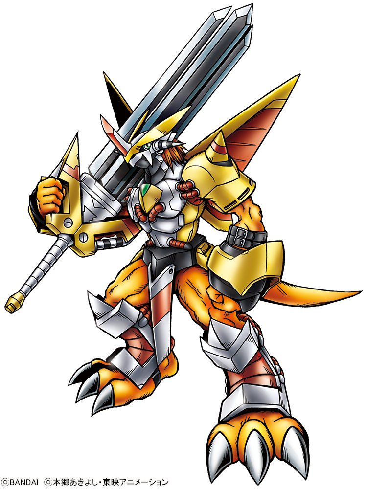 1boy armor clenched_hand crotch_plate digimon digimon_(creature) dragon full_body green_eyes helmet holding holding_sword holding_weapon horns male_focus mechanical_wings official_art red_hair short_hair shoulder_armor simple_background single_horn solo sword victorygreymon weapon white_background wings yellow_armor
