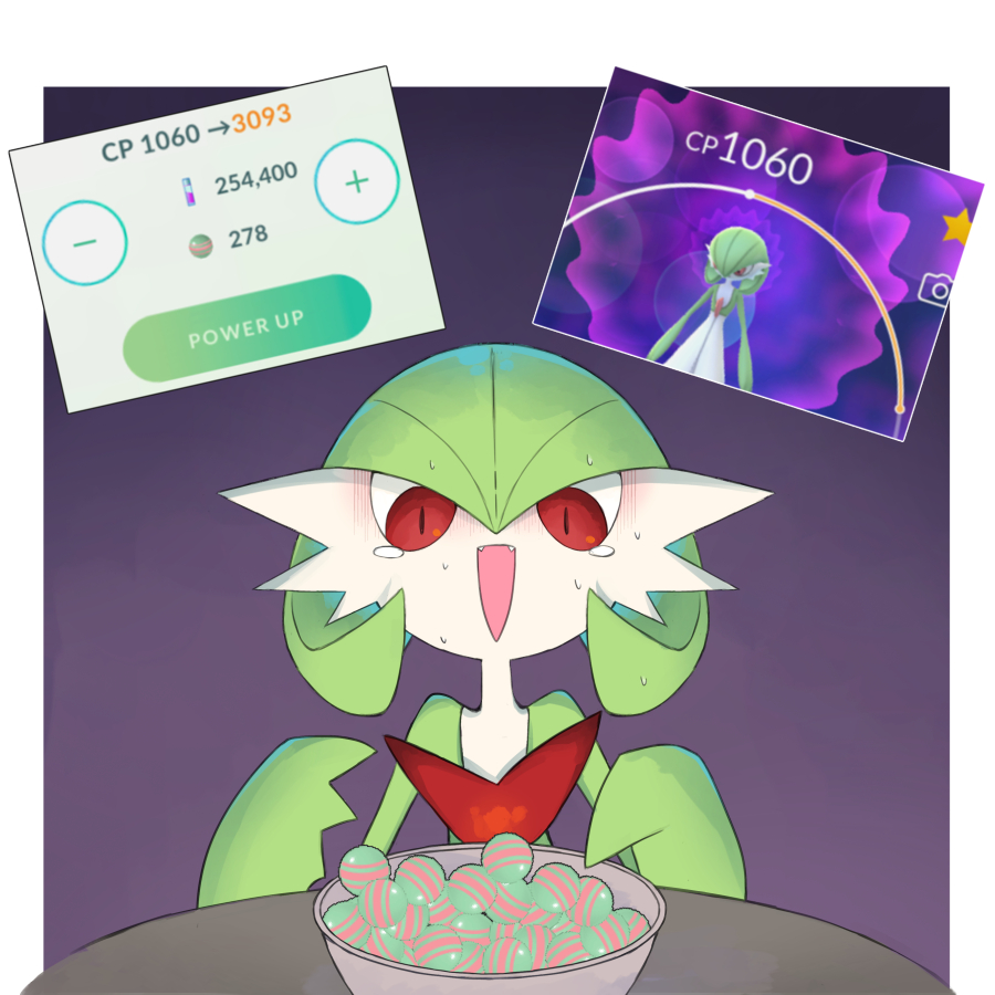 bob_cut candy colored_skin dmt_(auburn) fangs food game_screenshot_inset gardevoir gen_3_pokemon green_hair green_skin multicolored_skin nintendo open_mouth pokemon pokemon_(creature) pokemon_go purple_background red_eyes teardrop two-tone_skin white_skin