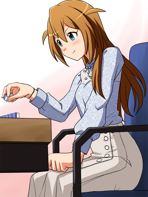 1girl baba_konomi blue_eyes blue_shirt brown_hair chair commentary high-waist_skirt holding holding_mahjong_tile idolmaster idolmaster_million_live! lielos light_blush long_hair long_skirt long_sleeves looking_to_the_side mahjong mahjong_table mahjong_tile on_chair shirt sitting skirt smirk solo strip_game strip_mahjong table white_skirt