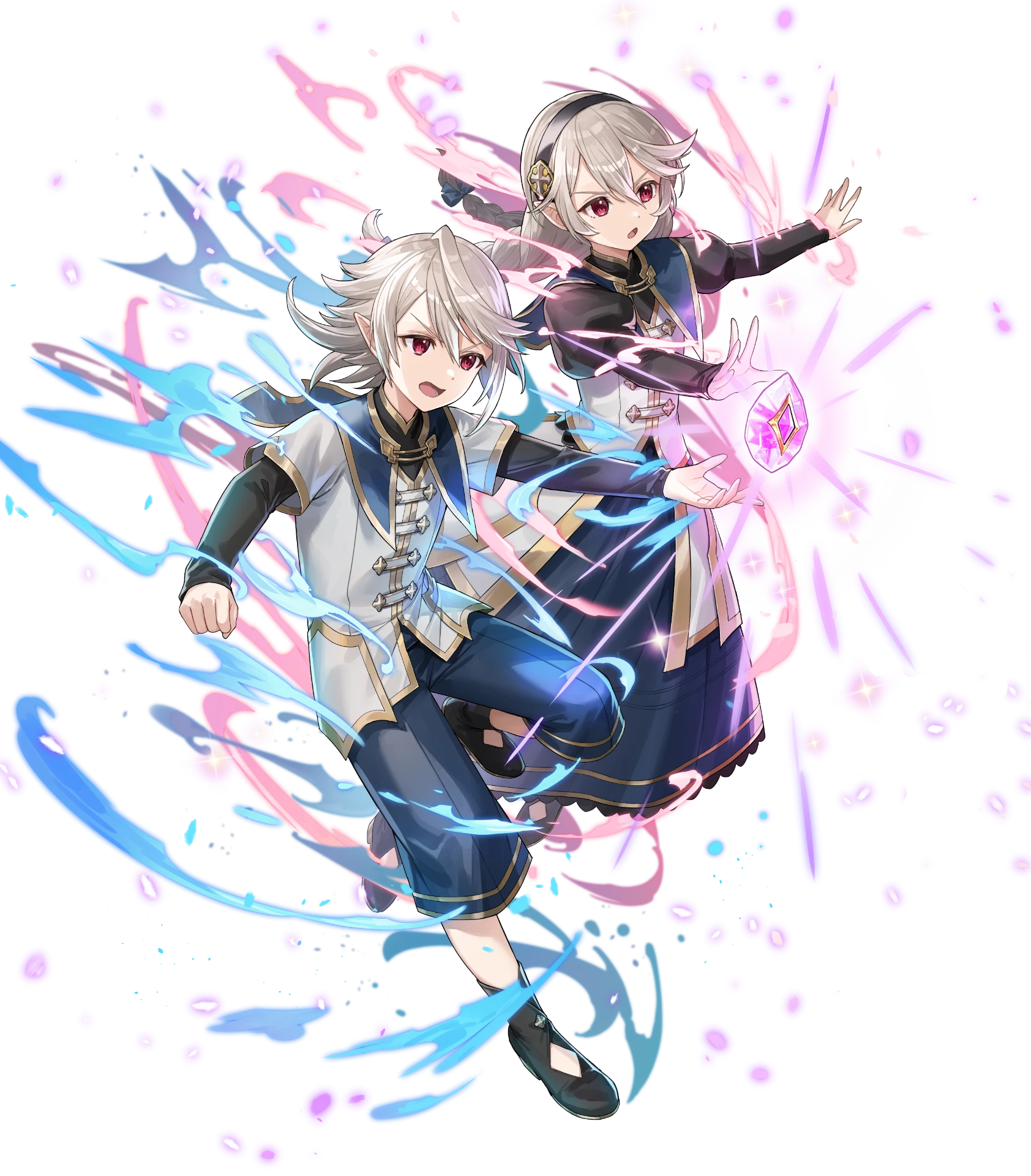 1boy 1girl attack black_hairband braided_twintails corrin_(female)_(fire_emblem) corrin_(female)_(young_kinship)_(fire_emblem) corrin_(fire_emblem) corrin_(male)_(fire_emblem) corrin_(male)_(young_kinship)_(fire_emblem) dragonstone dual_persona energy fire_emblem fire_emblem_fates fire_emblem_heroes grey_hair hairband highres matching_outfits mirror_twins nintendo non-web_source official_art open_mouth pointy_ears red_eyes siblings twins twintails v-shaped_eyebrows
