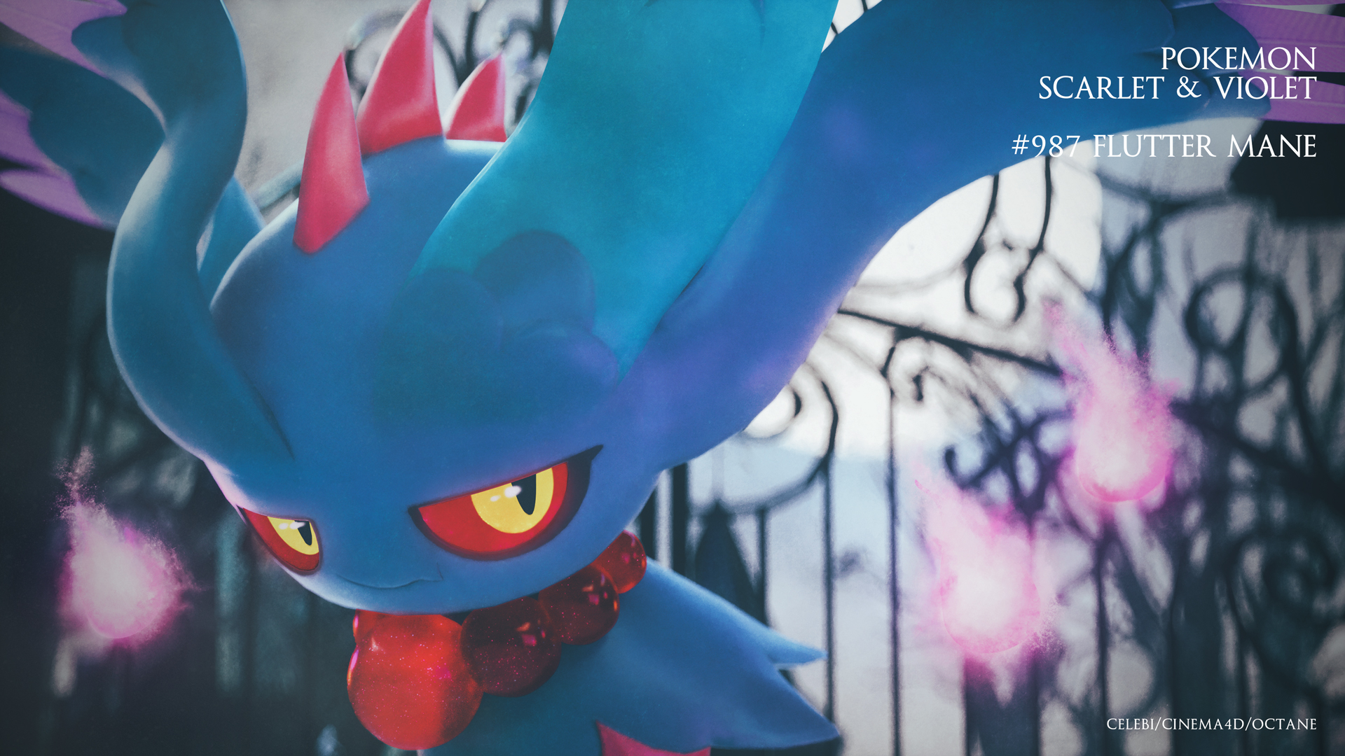 3d artist_name blurry blurry_background celebi350300687 character_name cinema_4d_(medium) closed_mouth colored_sclera copyright_name fang flutter_mane highres nintendo no_humans pokedex_number pokemon pokemon_(creature) pokemon_focus red_sclera skin_fang smile solo spikes will-o&#039;-the-wisp_(mythology) yellow_eyes