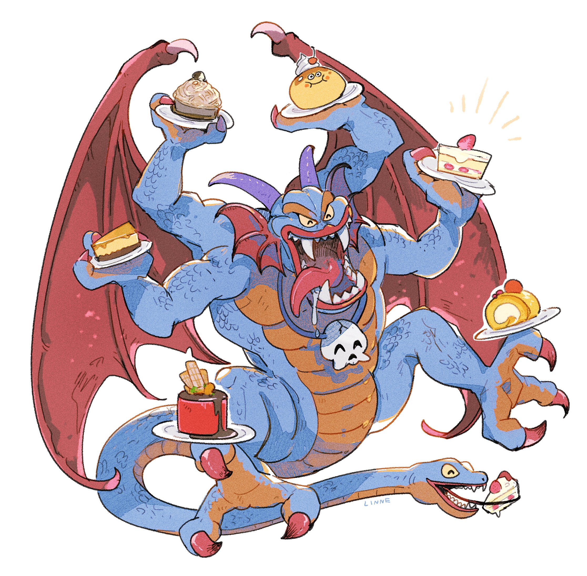 1boy bat_wings blue_scales cake cheesecake colored_skin commentary_request dragon dragon_quest dragon_quest_ii drooling extra_arms fins food head_fins highres holding holding_plate horns jewelry linne_(hld_doreko) monster monster_focus necklace no_humans open_mouth orange_skin plate purple_horns red_claws sharp_teeth sidoh skull_necklace slime_(dragon_quest) smile snake_head_tail solo strawberry_shortcake swiss_roll tail teeth tongue tongue_out wafer_stick whipped_cream white_background wings
