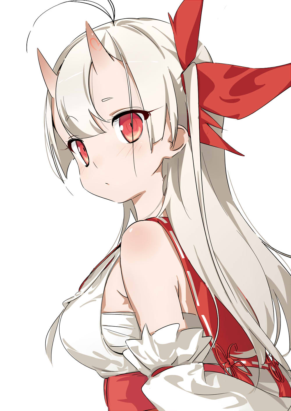 1girl ahoge bare_shoulders blush chest_sarashi expressionless highres horns long_hair looking_at_viewer oni original red_eyes sailor_collar sarashi simple_background sketch solo takakura upper_body white_background white_hair