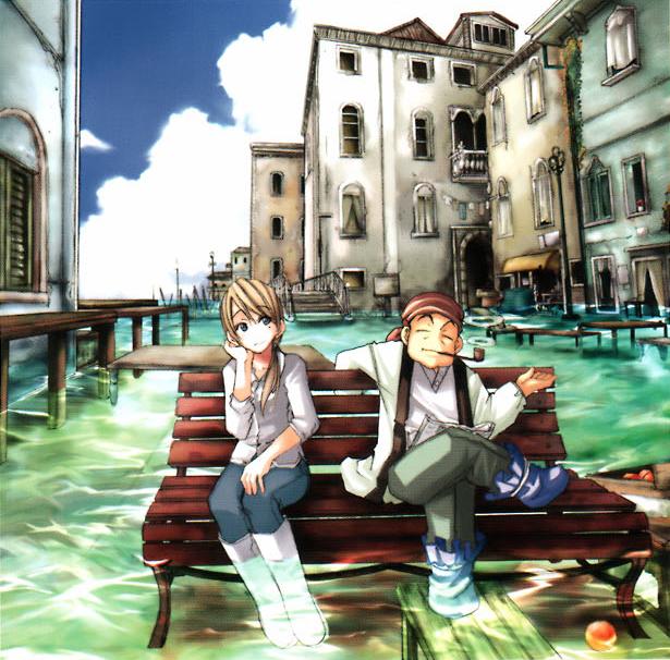 00s 1boy 1girl age_difference amano_kozue aria_(manga) bandana bench brown_hair building closed_eyes cloud crossed_legs exif_thumbnail_surprise flood legs long_hair outdoors short_hair sitting sky soaking_feet stairs venice water