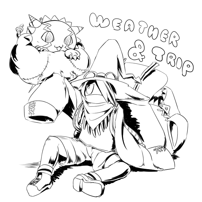 bag cable cloud digimon glasses hat horns looking_at_another sun tripmon weathermon