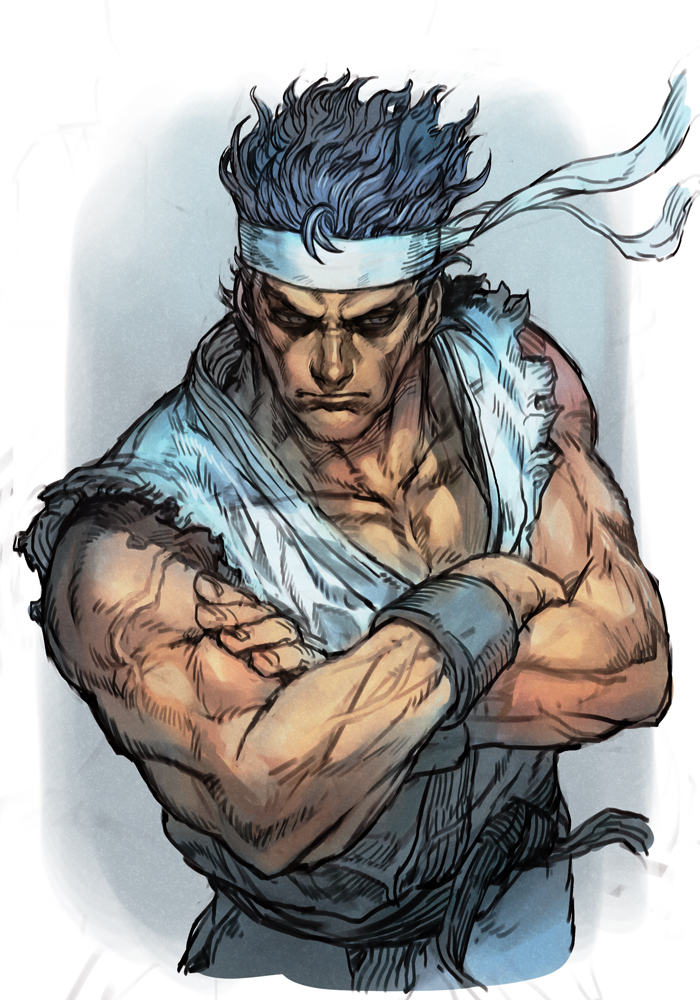 1boy belt black_hair closed_mouth collarbone cropped_torso crossed_arms dougi eyebrows headband hungry_clicker male_focus martial_arts_belt muscular nose sega shirt sleeveless solo spiked_hair vest virtua_fighter white_shirt white_vest wind wind_lift wristband yuki_akira