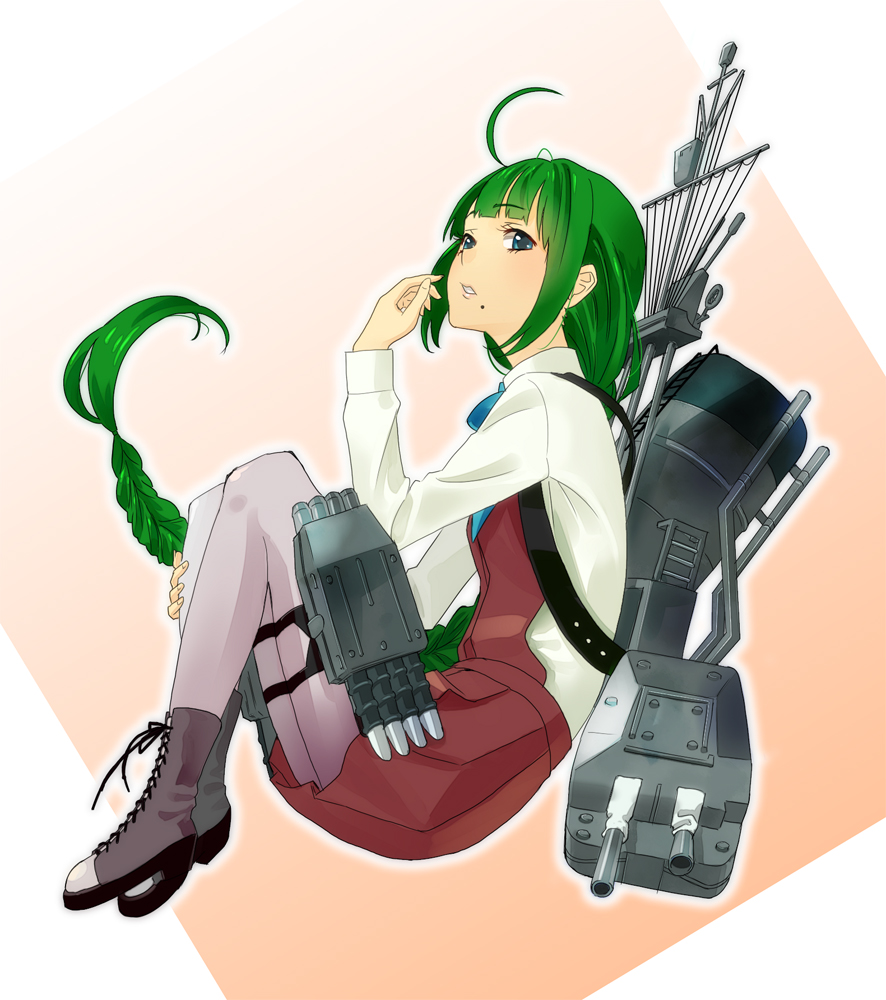 10s 1girl bad_id bad_pixiv_id blue_eyes boots braid female_focus fujimo_ruru green_hair kantai_collection long_hair mole mole_under_mouth pantyhose personification school_uniform serafuku single_braid skirt solo very_long_hair yuugumo_(kancolle)