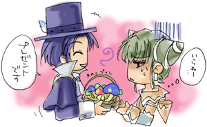 basket cone_hair_bun frederic_chopin_(trusty_bell) fuju gloom_(expression) hair_bun hat lowres mushroom top_hat translation_request trusty_bell viola