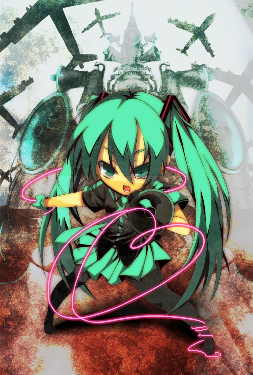1girl aircraft airplane b-52_stratofortress bad_id bad_pixiv_id bomber chibi female_focus gloves green_eyes green_hair hatsune_miku heavy_bomber highres koi_wa_sensou_(vocaloid) long_hair matching_hair/eyes megaphone military military_vehicle necktie neji_maki open_mouth pantyhose penetrator_(aircraft) skirt solo strategic_bomber twintails very_long_hair vocaloid