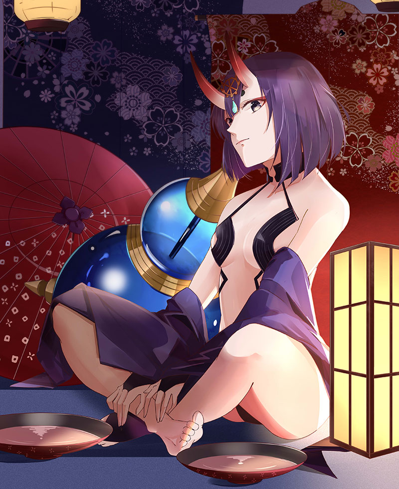 asas9318 bare_shoulders barefoot bob_cut breasts collarbone crossed_legs eyeliner fate/grand_order fate_(series) full_body horns makeup off_shoulder oil-paper_umbrella oni purple_hair short_hair shuten_douji_(fate) shuten_douji_(onmyoji) skin-covered_horns small_breasts solo toes umbrella