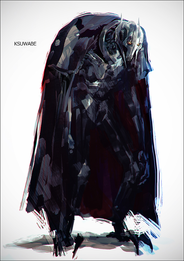 1boy artist_name cape colored_sclera cyborg full_body general_grievous glowing glowing_eyes helmet hunched_over k-suwabe male_focus no_humans no_pupils solo spot_color star_wars white_background yellow_sclera