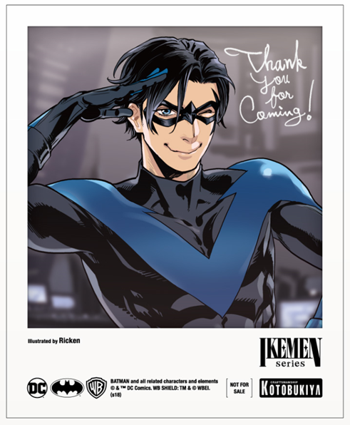 1boy ;) artist_name batman_(series) black_hair blue_eyes bodysuit closed_mouth dc_comics dick_grayson domino_mask english_text hand_on_own_hip kotobukiya kotobukiya_ikemen male_focus mask nightwing official_art one_eye_closed photo_(object) ricken salute smile solo upper_body