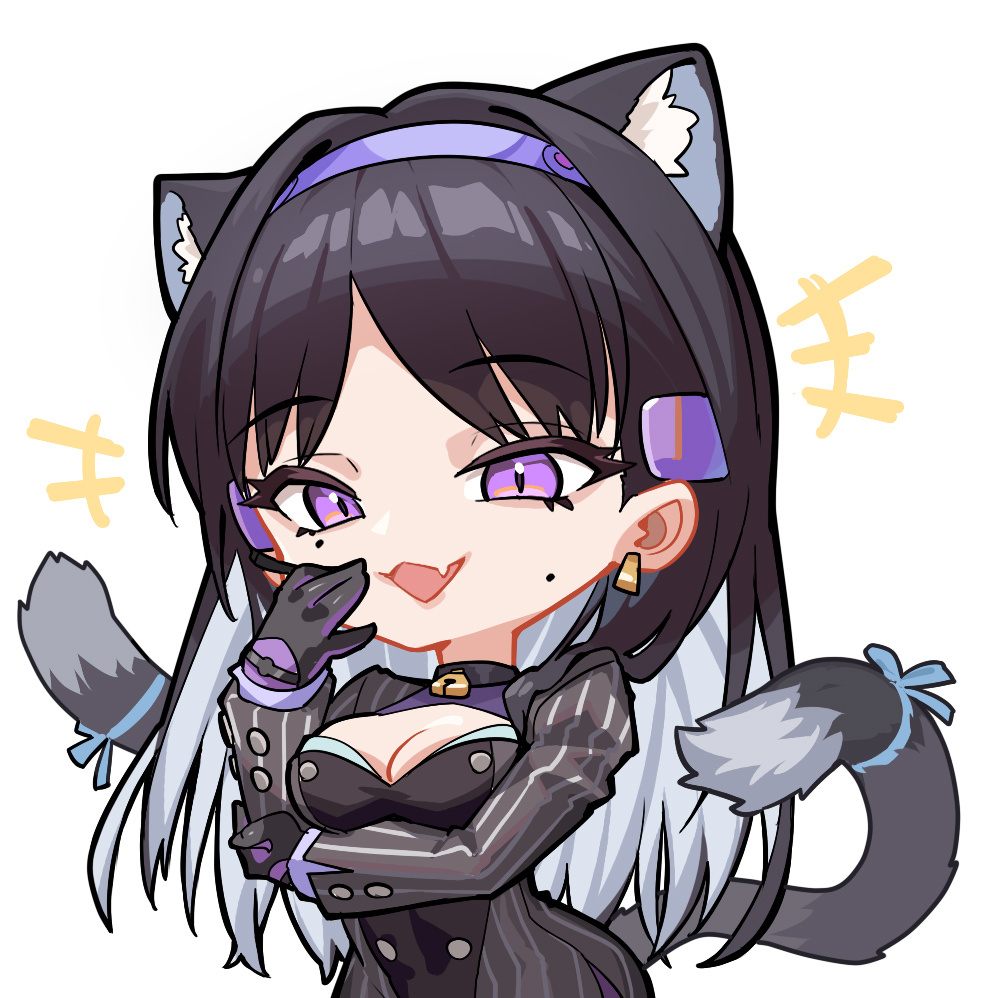 +++ 1girl animal_ears artist_request black_hair cat_ears cat_girl cat_tail chibi chibi_only chinese_commentary dress fang girls&#039;_frontline girls&#039;_frontline_neural_cloud hair_intakes hand_to_own_mouth headset holding_own_arm inola_(neural_cloud) laughing mole mole_under_eye official_art ojou-sama_pose pinstripe_dress pinstripe_pattern purple_bodystocking purple_eyes second-party_source skin_fang smug solo tail tongue tongue_out
