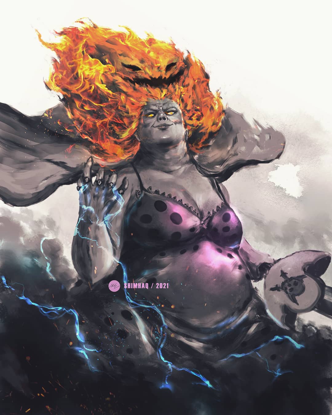 1girl breasts charlotte_linlin cleavage dress fiery_hair hat highres holding jewelry lightning looking_at_viewer napoleon_(one_piece) one_piece prometheus_(one_piece) ring shimhaq weapon zeus_(one_piece)