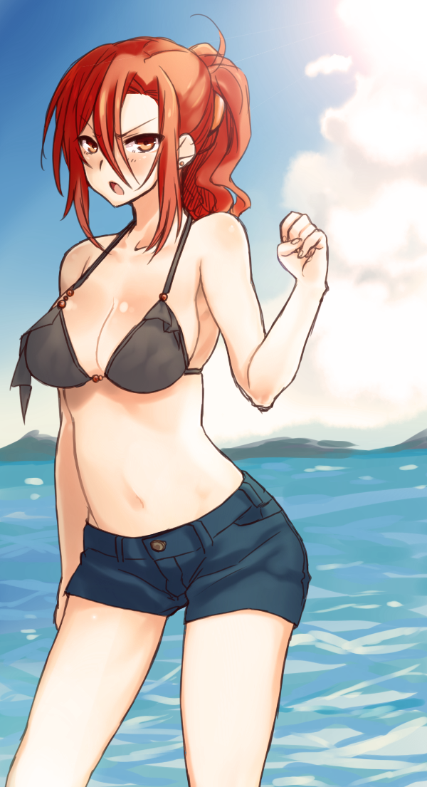 1girl aozaki_touko bikini bikini_top_only blush breasts female_focus kamehima kara_no_kyoukai large_breasts navel ponytail red_eyes red_hair short_shorts shorts solo swimsuit wading water