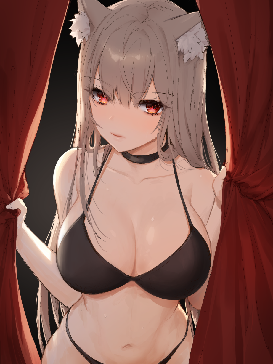 1girl animal_ear_fluff animal_ears bare_arms bare_shoulders black_bra black_choker black_panties bra breasts brown_hair cat_ears cat_girl choker cleavage collarbone curtains expressionless hibiwa highres large_breasts long_hair looking_at_viewer navel original panties red_eyes solo stomach strap_gap string_bra string_panties underwear underwear_only upper_body