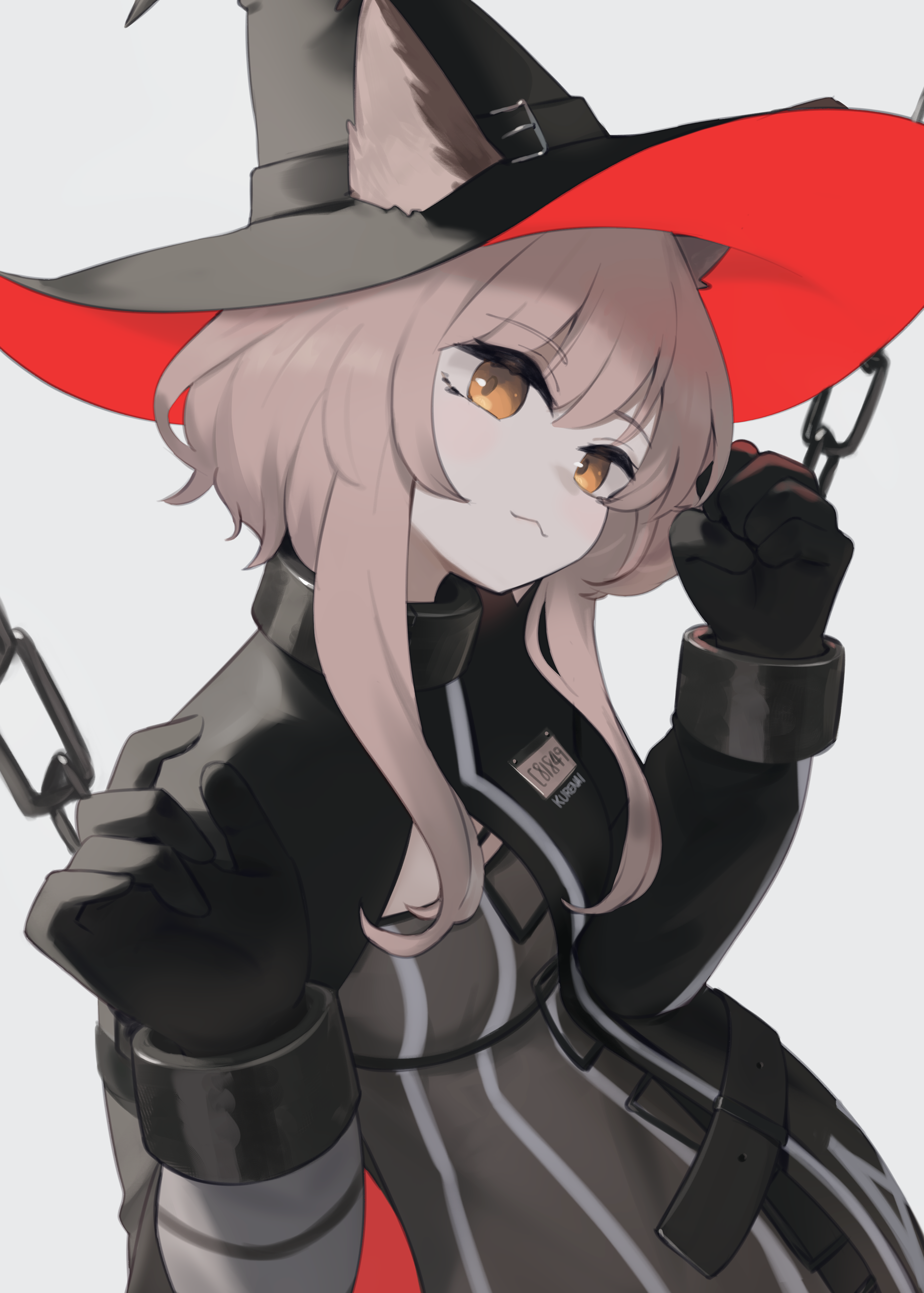1girl absurdres arknights black_gloves black_hat black_jacket brown_eyes brown_hair chain closed_mouth collar cuffs dress ears_through_headwear gloves grey_background grey_dress hands_up hat haze_(arknights) head_tilt highres hinami047 jacket long_hair long_sleeves looking_at_viewer metal_collar simple_background solo striped_clothes striped_dress vertical-striped_clothes vertical-striped_dress witch_hat