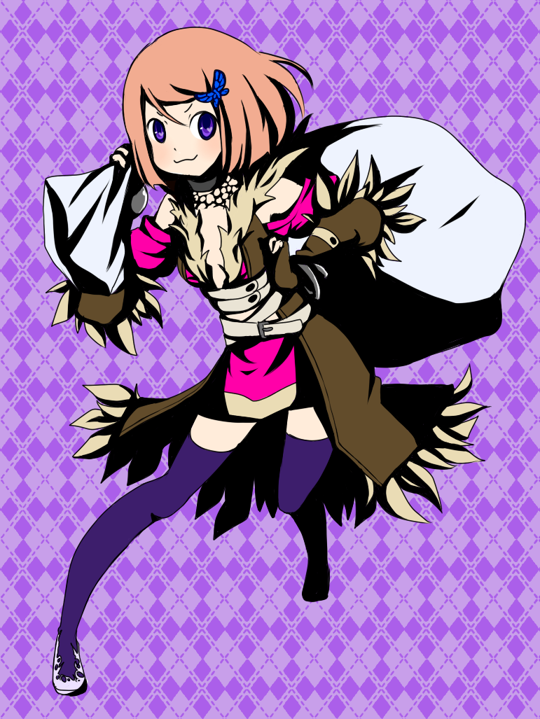 1girl :3 argyle_background blush breasts brown_coat brown_gloves butterfly_hair_ornament closed_mouth coat commentary_request cross-laced_clothes cross-laced_top dress elbow_gloves fingerless_gloves full_body fur-trimmed_coat fur_trim gloves hair_ornament high_contrast holding holding_sack looking_at_viewer meiko_(nattu303) pink_dress pink_hair purple_background purple_eyes purple_thighhighs ragnarok_online sack shadow_chaser_(ragnarok_online) short_hair small_breasts smile solo thighhighs v-shaped_eyebrows