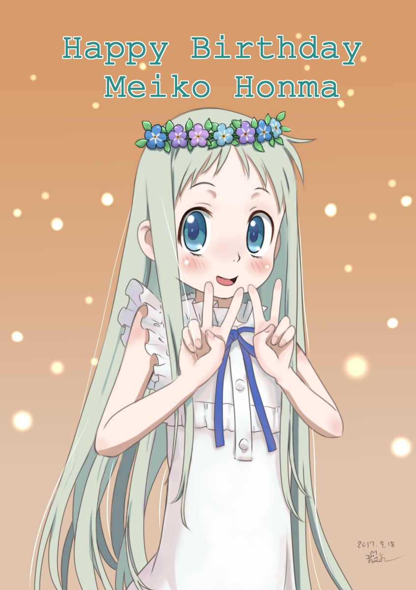 1girl 2017 ano_hi_mita_hana_no_namae_wo_bokutachi_wa_mada_shiranai. artist_name birthday blue_eyes blush character_name dated dot_nose double_v dress feet_out_of_frame female_focus flower_wreath grey_hair happy_birthday highres honma_meiko long_hair looking_at_viewer open_mouth solo standing su6546age v