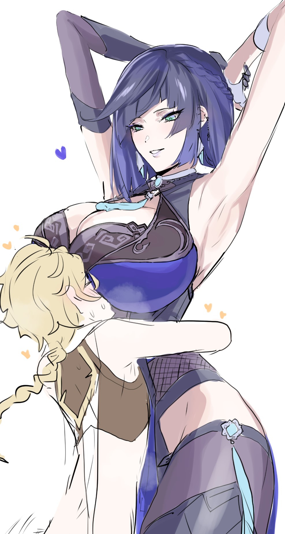 1boy 1girl aether_(genshin_impact) armpits blonde_hair blue_hair breasts cleavage genshin_impact heart highres huge_breasts mogi_yasunobu moginiki simple_background white_background yelan_(genshin_impact)