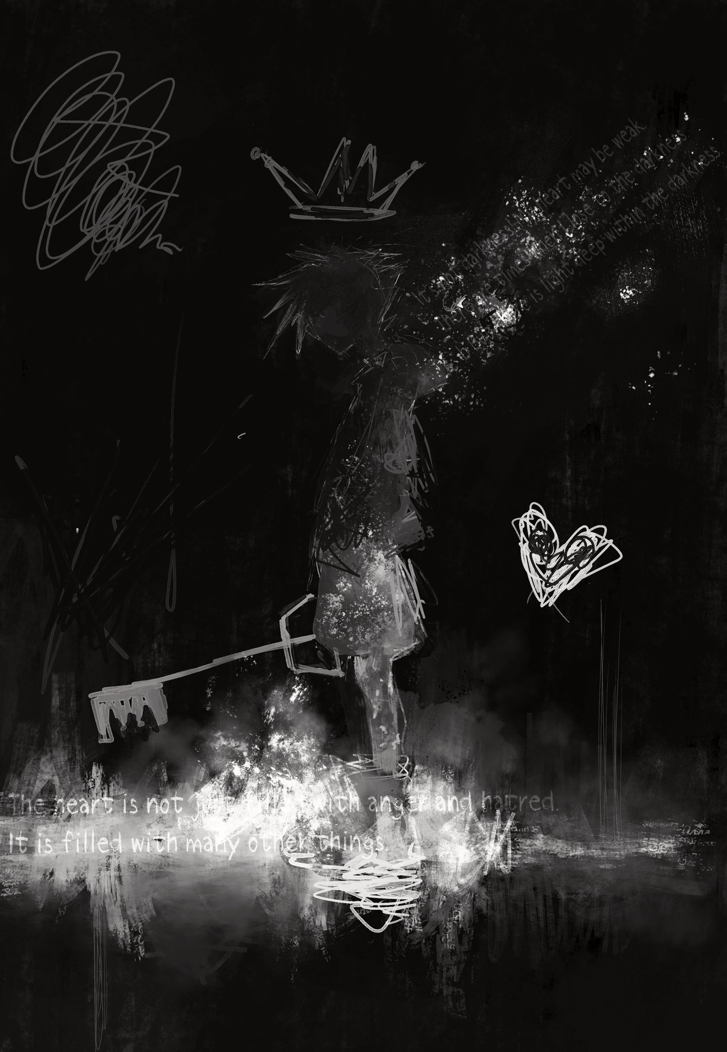 1boy crown english_text floating_crown fuyumurasaki greyscale heart highres holding holding_weapon keyblade kingdom_hearts male_focus monochrome painterly shoes shorts solo sora_(kingdom_hearts) spiked_hair weapon wings
