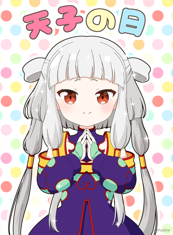 1girl blush closed_mouth code_geass commentary_request dress grey_hair hair_rings long_hair long_sleeves looking_at_viewer mitya multicolored_polka_dots outline polka_dot polka_dot_background puffy_long_sleeves puffy_sleeves pun purple_dress red_eyes simple_background sleeves_past_wrists smile solo sparkle steepled_fingers tianzi translation_request very_long_hair white_background white_outline