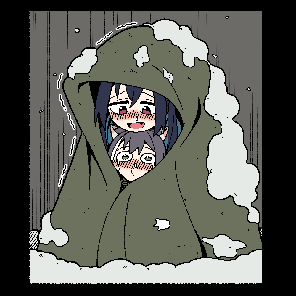 2girls animal_ears black_hair blanket blue_archive blush cat_ears chin_rest cold fang green_eyes head_on_head head_rest karyl_(princess_connect!) killchang multiple_girls open_mouth princess_connect! red_eyes serika_(blue_archive) sick sitting sitting_on_lap sitting_on_person snot snow snowing
